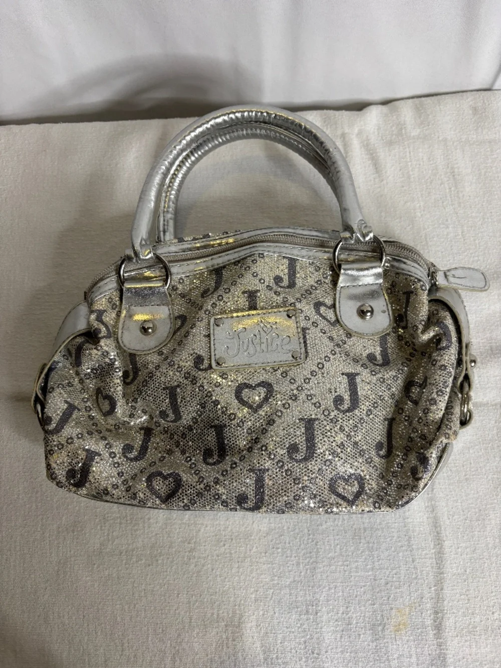VTG Justice Girls Signature Glitter Satchel Handbag Silver Tone Metallic Bag Y2K